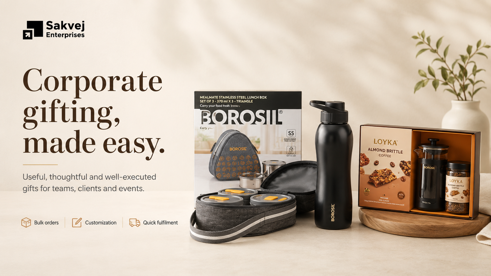 Corporate gifting set with lunch box, bottle and coffee hamper